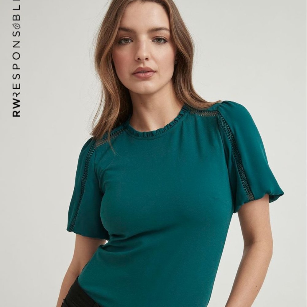 RW&CO Lace Trim Crew-Neck Puffy Sleeve T-Shirt